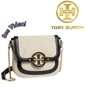 RARE! Unused 🌾 Tory Burch Amanda Canvas and Leather Chain Shoulder Bag w/ COA🌾